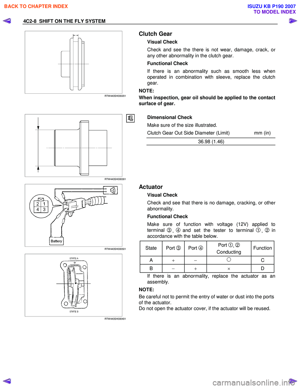 ISUZU KB P190 2007  Workshop Repair Manual 4C2-8  SHIFT ON THE FLY SYSTEM 
   
 
 
 
RTW 440SH000201
 Clutch Gear 
Visual Check  
Check and see the there is not wear, damage, crack, o
r
any other abnormality in the clutch gear. 
Functional Che