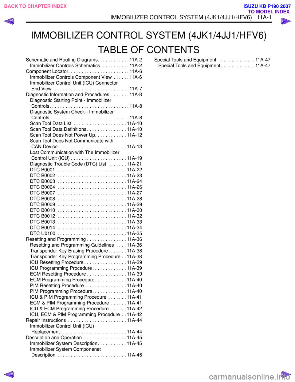 ISUZU KB P190 2007  Workshop Repair Manual IMMOBILIZER CONTROL SYSTEM (4JK1/4JJ1/HFV6)TABLE OF CONTENTS
Schematic and Routing Diagrams. . . . . . . . . . . . 11A-2Immobilizer Controls Schematics . . . . . . . . . . . 11A-2
Component Locator. .