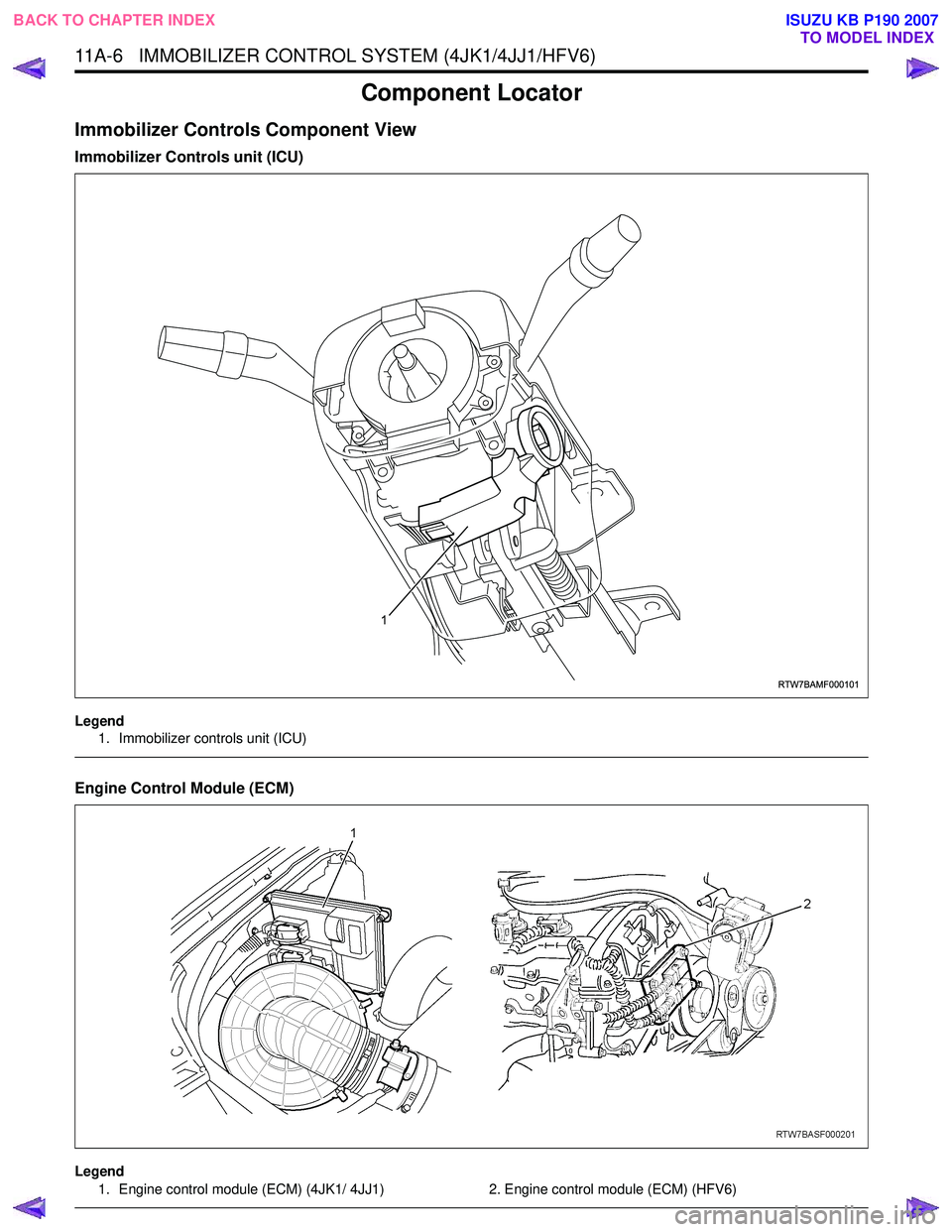 ISUZU KB P190 2007  Workshop Repair Manual 11A-6   IMMOBILIZER CONTROL SYSTEM (4JK1/4JJ1/HFV6)
Component Locator
Immobilizer Controls Component View
Immobilizer Controls unit (ICU)
Legend1. Immobilizer controls unit (ICU)
 
Engine Control Modu