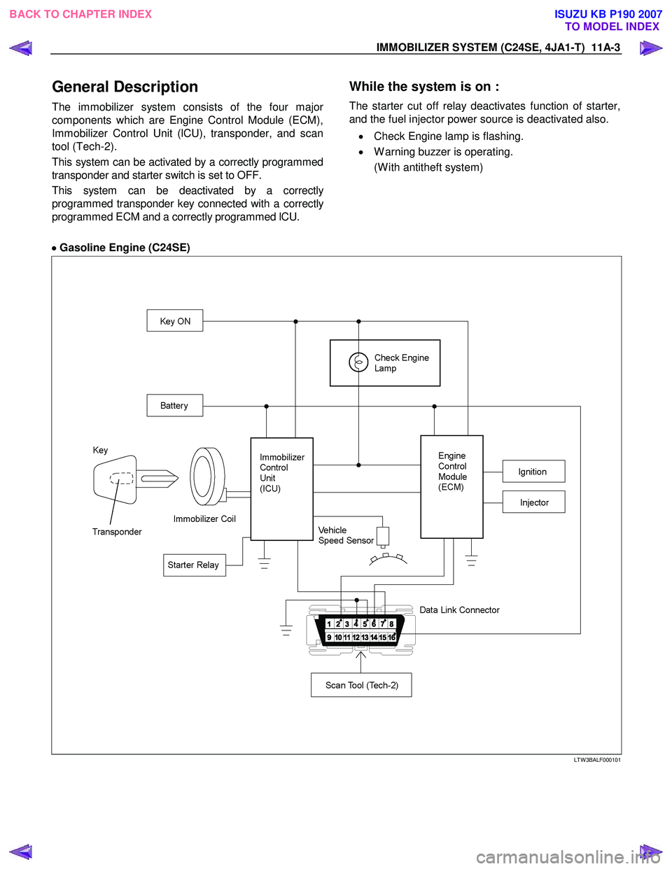 ISUZU KB P190 2007  Workshop Repair Manual IMMOBILIZER SYSTEM (C24SE, 4JA1-T)  11A-3 
General Description 
The immobilizer system consists of the four major
components which are Engine Control Module (ECM), 
Immobilizer Control Unit (lCU), tra