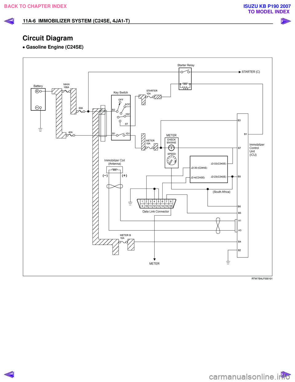 ISUZU KB P190 2007  Workshop Repair Manual 11A-6  IMMOBILIZER SYSTEM (C24SE, 4JA1-T)   
Circuit Diagram 
•
•• 
•
 Gasoline Engine (C24SE)  
  
 
 
 
 
RTW 7BALF000101 
 
 
BACK TO CHAPTER INDEX TO MODEL INDEX
ISUZU KB P190 2007 