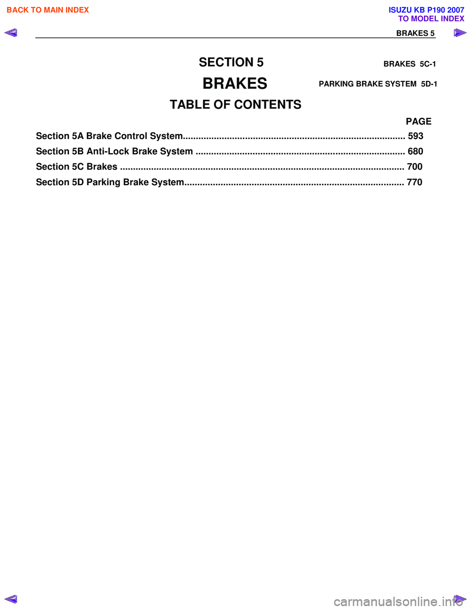 ISUZU KB P190 2007  Workshop Repair Manual BRAKE S 5
SECTI ON 5  
BRAKE S 
TA BLE OF CONTENTS 
Section 5A  Brake Control System ................................................................. ..................... 593 
Section 5B Anti-Lock B