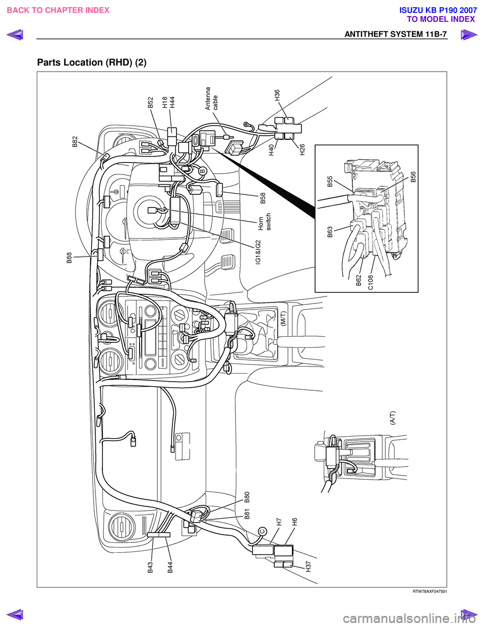 ISUZU KB P190 2007  Workshop Repair Manual ANTITHEFT SYSTEM 11B-7 
Parts Location (RHD) (2) 
  
  
RTW 78AXF047501 
 
BACK TO CHAPTER INDEX
TO MODEL INDEX
ISUZU KB P190 2007 