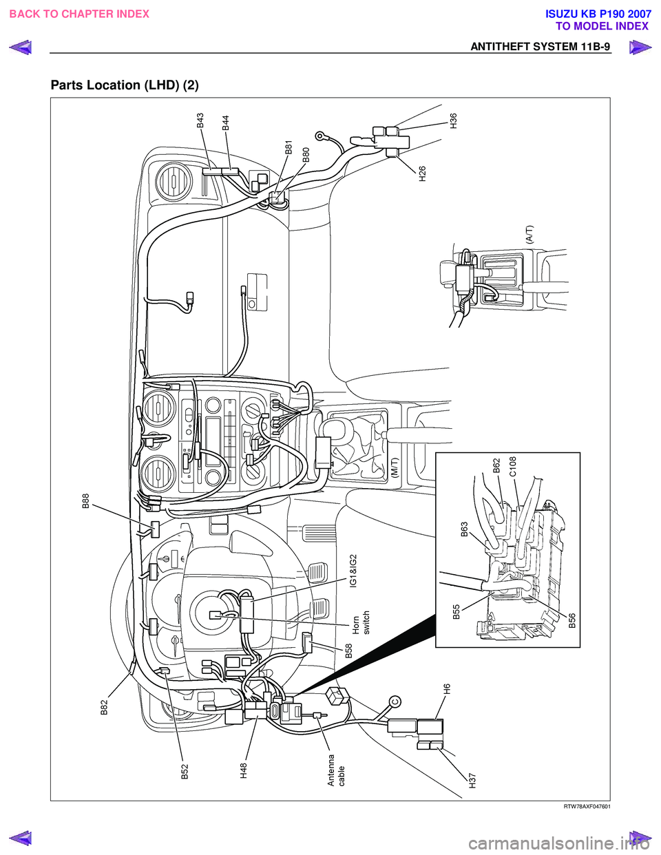 ISUZU KB P190 2007  Workshop Repair Manual ANTITHEFT SYSTEM 11B-9 
Parts Location (LHD) (2) 
  
 RTW 78AXF047601 
 
BACK TO CHAPTER INDEXTO MODEL INDEX
ISUZU KB P190 2007 