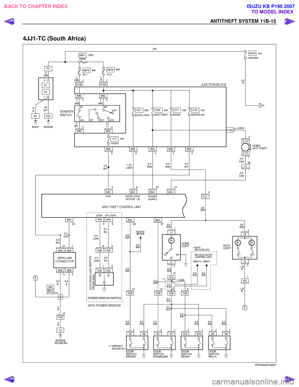 ISUZU KB P190 2007  Workshop Repair Manual ANTITHEFT SYSTEM 11B-15 
4JJ1-TC (South Africa) 
  
  
RTW 78AXF019201 
 
BACK TO CHAPTER INDEX
TO MODEL INDEX
ISUZU KB P190 2007 