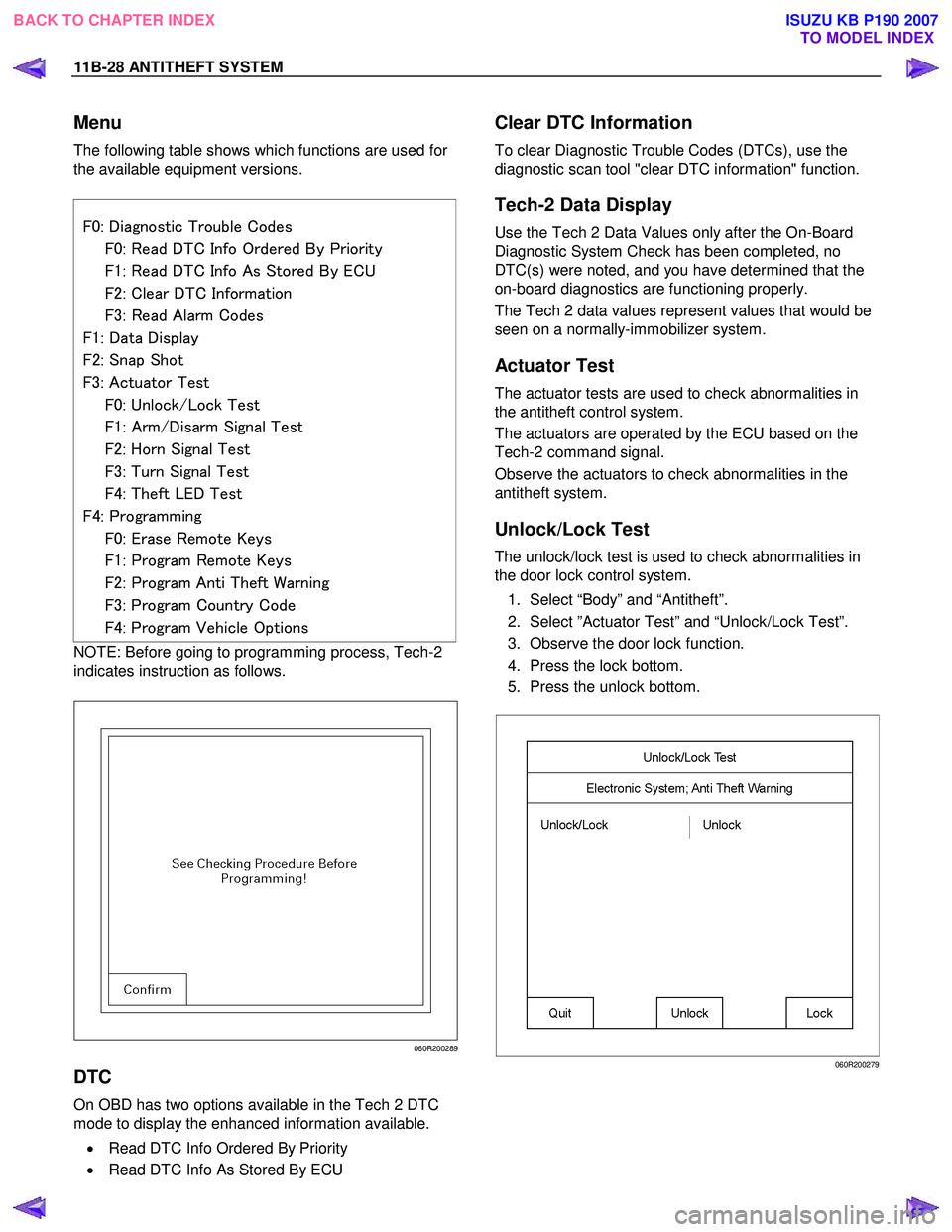 ISUZU KB P190 2007  Workshop Repair Manual 11B-28 ANTITHEFT SYSTEM 
Menu 
The following table shows which functions are used for  
the available equipment versions.   
 
  
F0: Diagnostic Trouble Codes 
  F0: Read DTC Info Ordered By Priority 