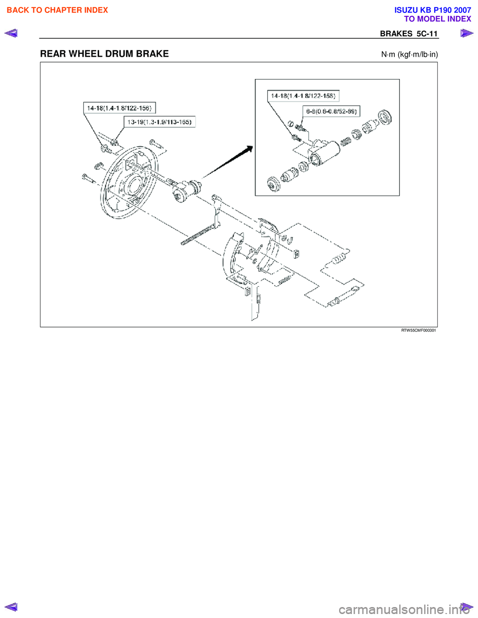 ISUZU KB P190 2007  Workshop Repair Manual BRAKES  5C-11 
REAR WHEEL DRUM BRAKE N⋅m (kgf ⋅m/lb ⋅in) 
  
 RTW 55CMF000301 
 
 
BACK TO CHAPTER INDEX
TO MODEL INDEX
ISUZU KB P190 2007 