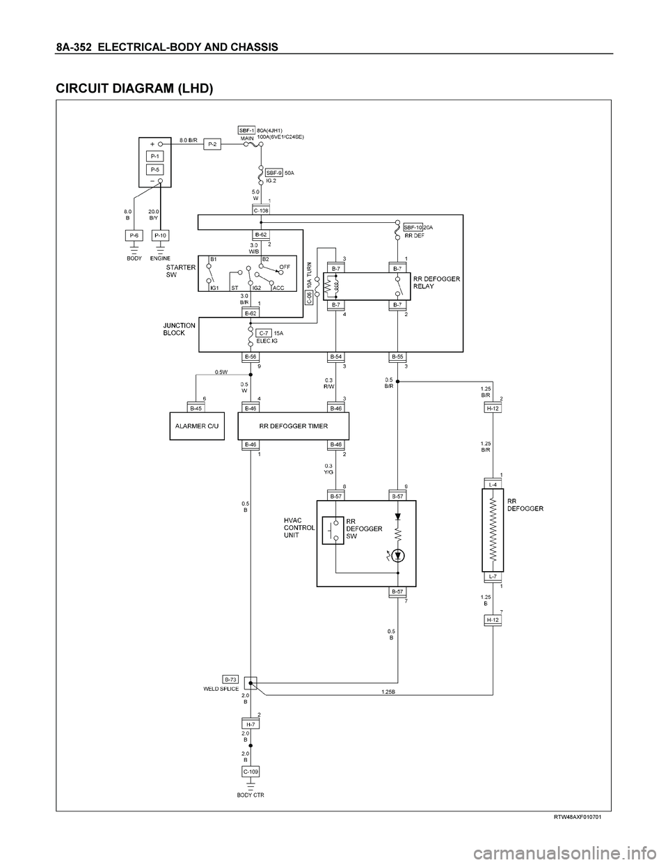 ISUZU TF SERIES 2004  Workshop Manual 8A-352  ELECTRICAL-BODY AND CHASSIS 
 
CIRCUIT DIAGRAM (LHD) 
  
 
 
 
RTW48AXF010701  