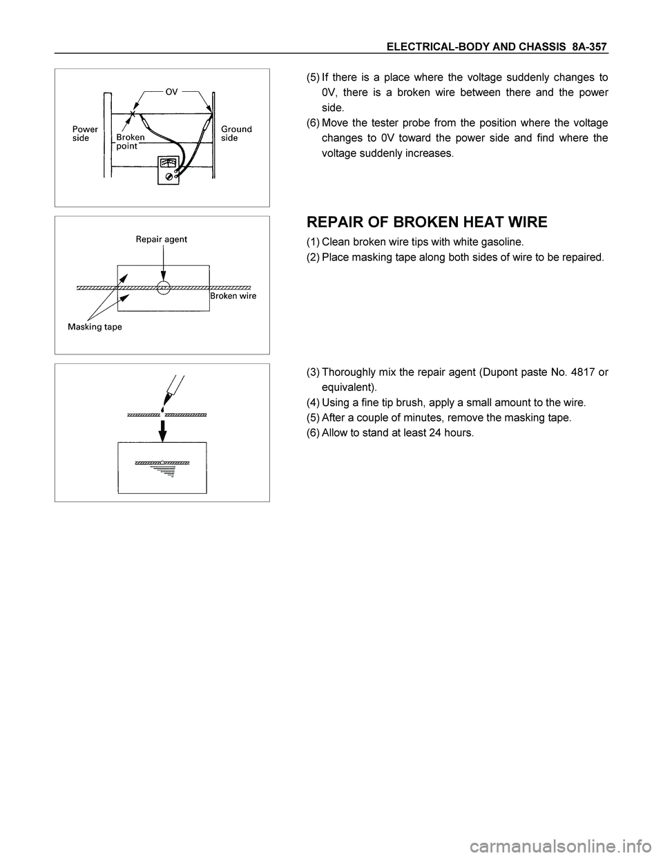 ISUZU TF SERIES 2004  Workshop Manual ELECTRICAL-BODY AND CHASSIS  8A-357 
 
 
 (5) If there is a place where the voltage suddenly changes to
0V, there is a broken wire between there and the powe
r
side. 
(6) Move the tester probe from th