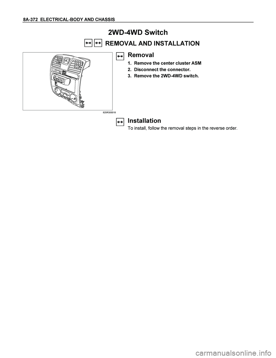 ISUZU TF SERIES 2004  Workshop Manual 8A-372  ELECTRICAL-BODY AND CHASSIS 
2WD-4WD Switch 
    REMOVAL AND INSTALLATION  
825R300018
 
Removal 
1.  Remove the center cluster ASM 
2.  Disconnect the connector. 
3.  Remove the 2WD-4WD switc