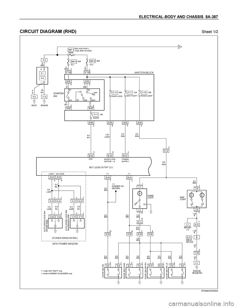 ISUZU TF SERIES 2004  Workshop Manual ELECTRICAL-BODY AND CHASSIS  8A-387 
 
CIRCUIT DIAGRAM (RHD) Sheet 1/2 
  
 
 
 
RTW48AXF023501  