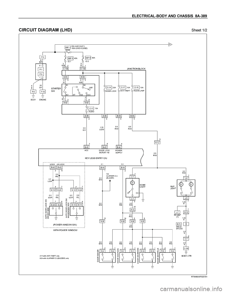 ISUZU TF SERIES 2004  Workshop Manual ELECTRICAL-BODY AND CHASSIS  8A-389 
 
CIRCUIT DIAGRAM (LHD) Sheet 1/2 
  
 
 
 
RTW48AXF023701  