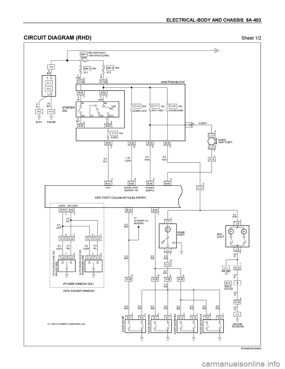 ISUZU TF SERIES 2004  Workshop Manual ELECTRICAL-BODY AND CHASSIS  8A-403 
 
CIRCUIT DIAGRAM (RHD) Sheet 1/2 
  
 
 
RTW48AXF023901 
  