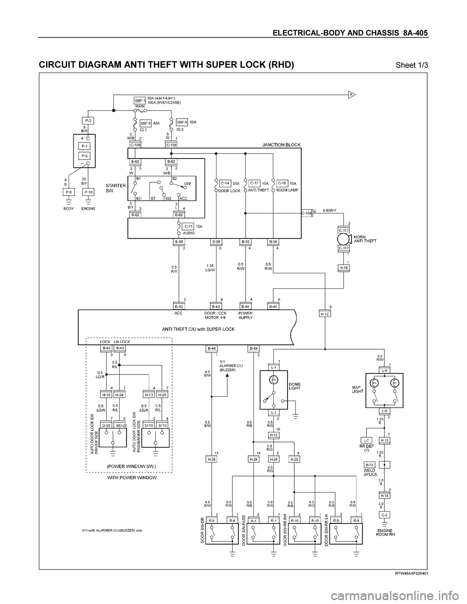 ISUZU TF SERIES 2004  Workshop Manual ELECTRICAL-BODY AND CHASSIS  8A-405 
 
CIRCUIT DIAGRAM ANTI THEFT WITH SUPER LOCK (RHD) 
Sheet 1/3 
  
 
 
 
RTW48AXF025401  