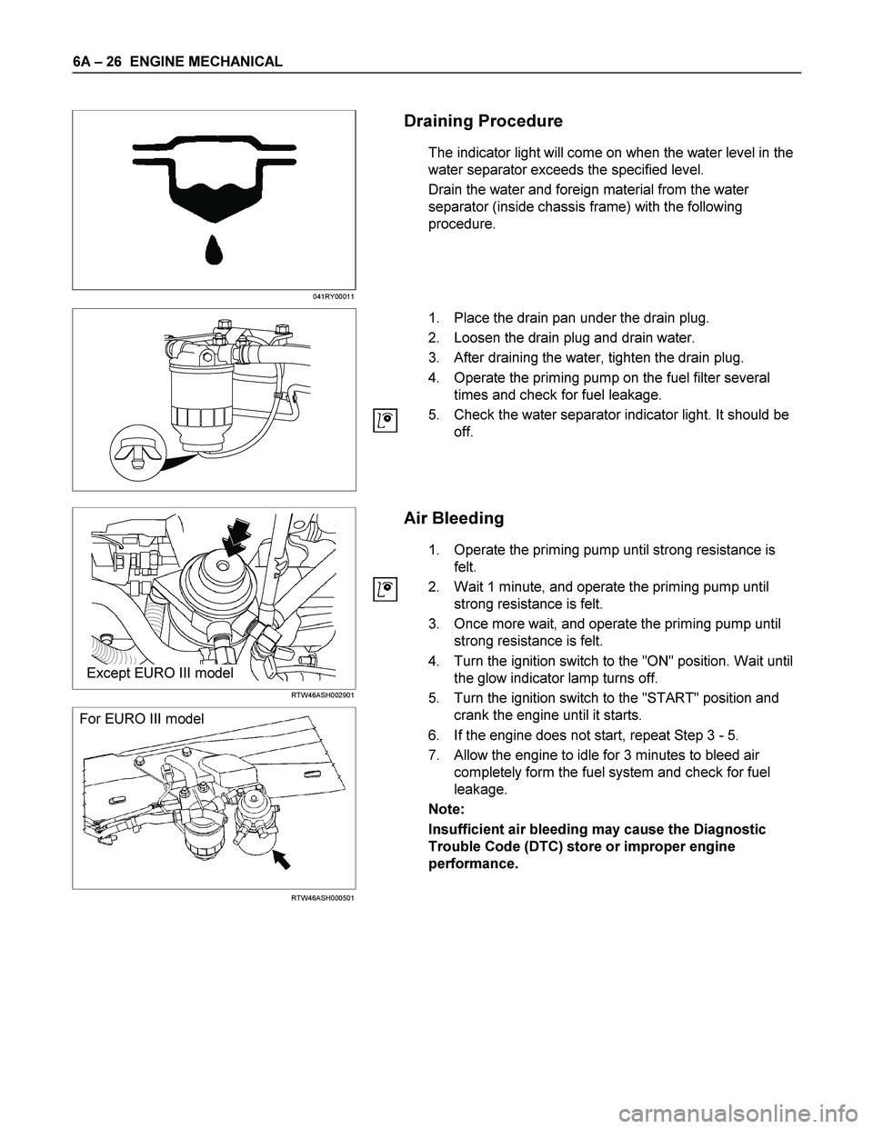 ISUZU TF SERIES 2004 Workshop Manual 6A – 26 ENGINE MECHANICAL
041RY00011
Draining Procedure
The indicator light will come on when the water level in the
water separator exceeds the specified level.
Drain the water and f ISUZU TF SERIES 2004 Workshop Manual 6A – 26 ENGINE MECHANICAL
041RY00011
Draining Procedure
The indicator light will come on when the water level in the
water separator exceeds the specified level.
Drain the water and f
