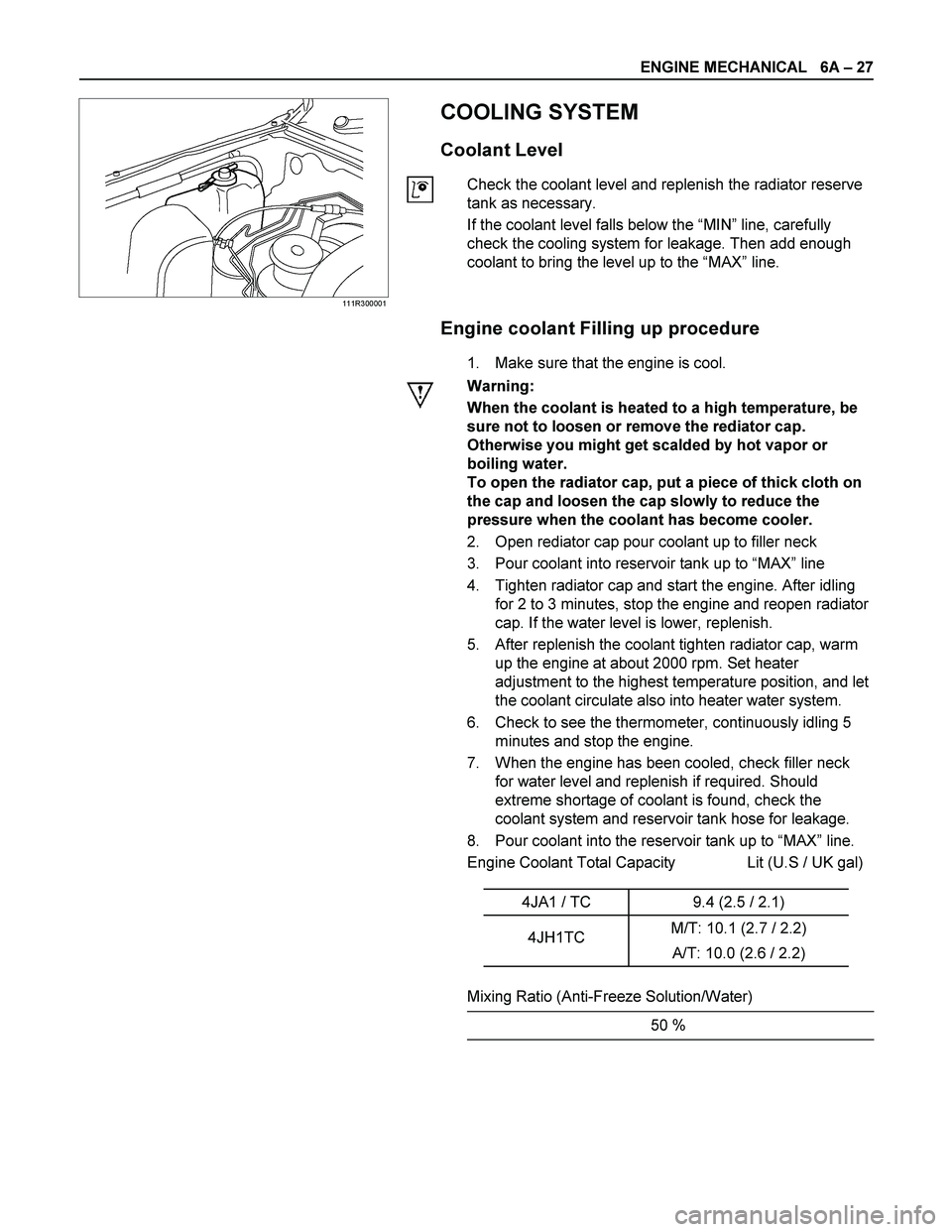 ISUZU TF SERIES 2004 Workshop Manual ENGINE MECHANICAL 6A – 27
111R300001
COOLING SYSTEM
Coolant Level
Check the coolant level and replenish the radiator reserve
tank as necessary.
If the coolant level falls below the “M ISUZU TF SERIES 2004 Workshop Manual ENGINE MECHANICAL 6A – 27
111R300001
COOLING SYSTEM
Coolant Level
Check the coolant level and replenish the radiator reserve
tank as necessary.
If the coolant level falls below the “M