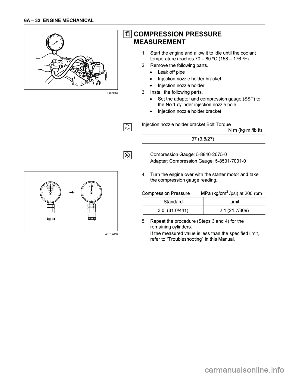 ISUZU TF SERIES 2004  Workshop Manual 6A – 32  ENGINE MECHANICAL 
 
 
 
 
 
 
 
 
 
 
 
 
 
 
 
 
 
 
 
 
 
 
 
 
 
 
 
 
 
 
 
 
 
 
 
 
 
 
 
 
 
COMPRESSION PRESSURE 
MEASUREMENT 
1.  Start the engine and allow it to idle until the c