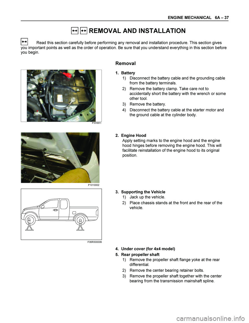 ISUZU TF SERIES 2004 Workshop Manual ENGINE MECHANICAL 6A – 37
REMOVAL AND INSTALLATION
Read this section carefully before performing any removal and installation procedure. This section gives
you important points as w ISUZU TF SERIES 2004 Workshop Manual ENGINE MECHANICAL 6A – 37
REMOVAL AND INSTALLATION
Read this section carefully before performing any removal and installation procedure. This section gives
you important points as w