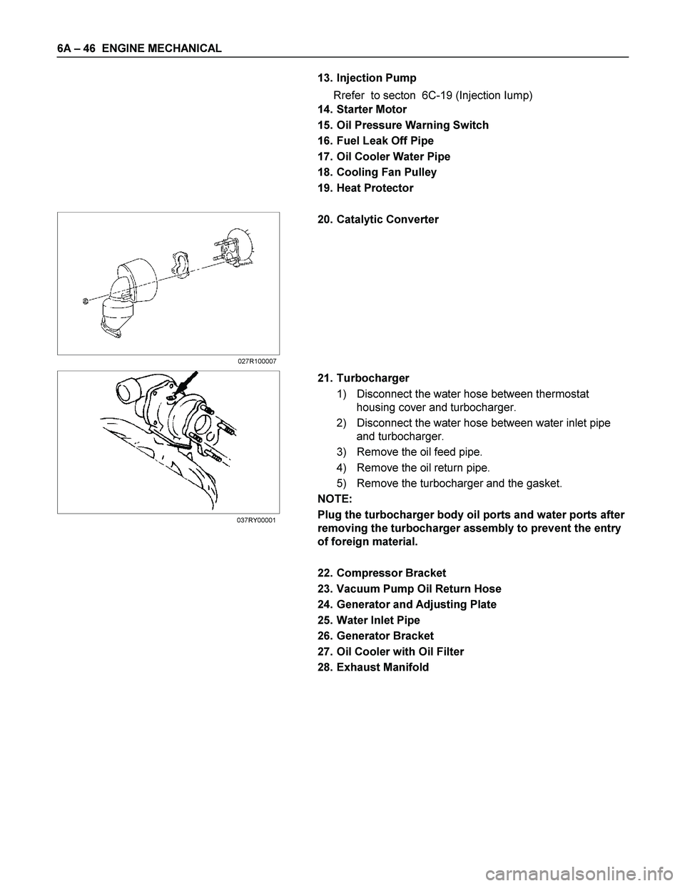 ISUZU TF SERIES 2004  Workshop Manual 6A – 46  ENGINE MECHANICAL 
  13. Injection Pump 
  Rrefer  to secton  6C-19 (Injection Iump) 
 
 14. Starter Motor 
  15. Oil Pressure Warning Switch 
  16. Fuel Leak Off Pipe 
  17. Oil Cooler Wat