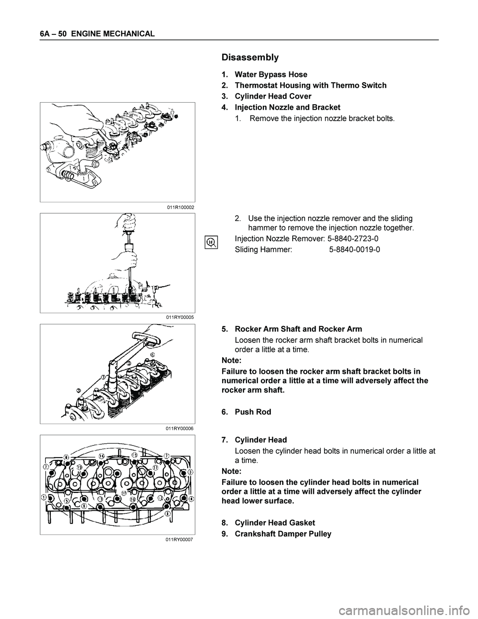 ISUZU TF SERIES 2004  Workshop Manual 6A – 50  ENGINE MECHANICAL 
   Disassembly 
  1.  Water Bypass Hose 
2.  Thermostat Housing with Thermo Switch 
3.  Cylinder Head Cover 
  4.  Injection Nozzle and Bracket 
1.  Remove the injection 