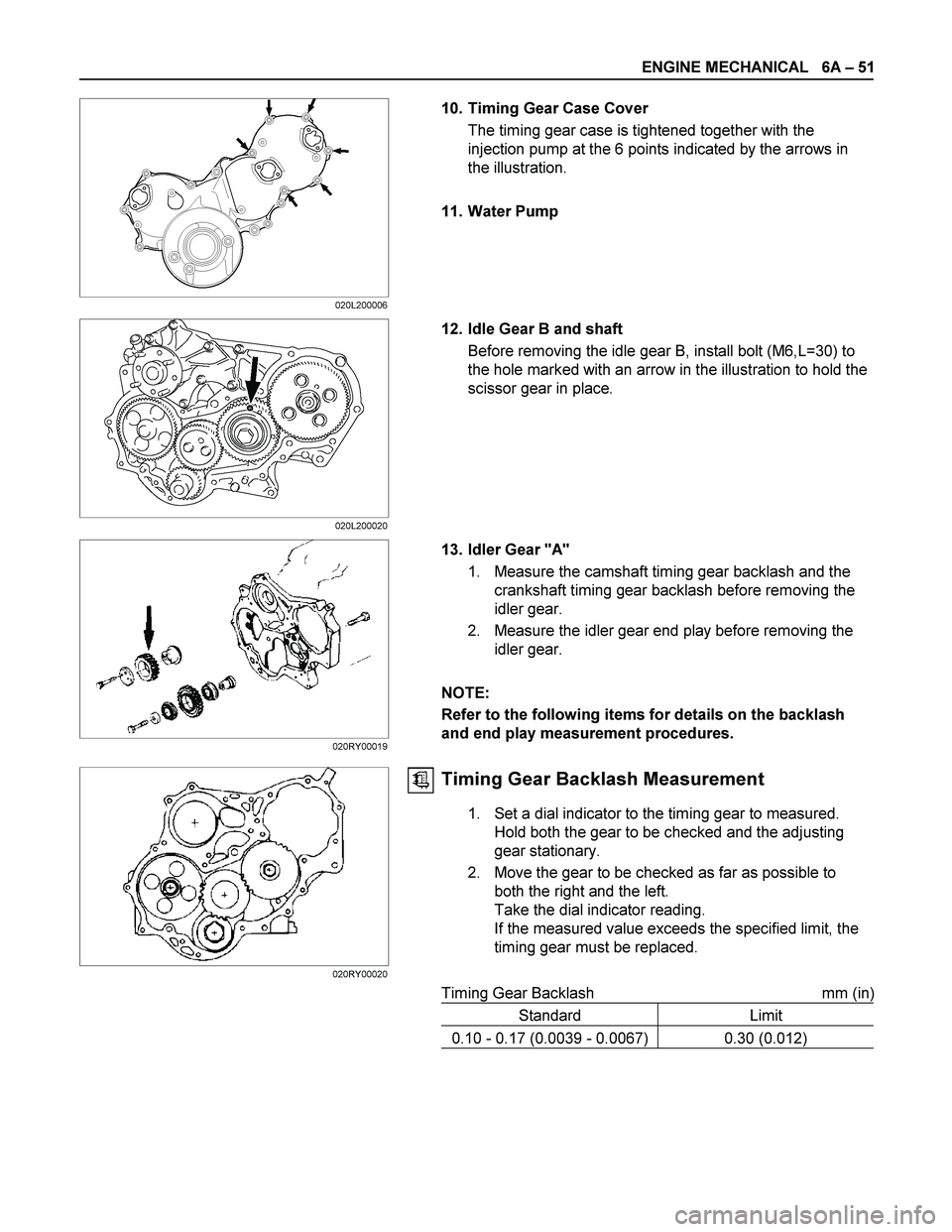 ISUZU TF SERIES 2004  Workshop Manual ENGINE MECHANICAL   6A – 51 
 
  10. Timing Gear Case Cover 
The timing gear case is tightened together with the 
injection pump at the 6 points indicated by the arrows in 
the illustration. 
 
11. 