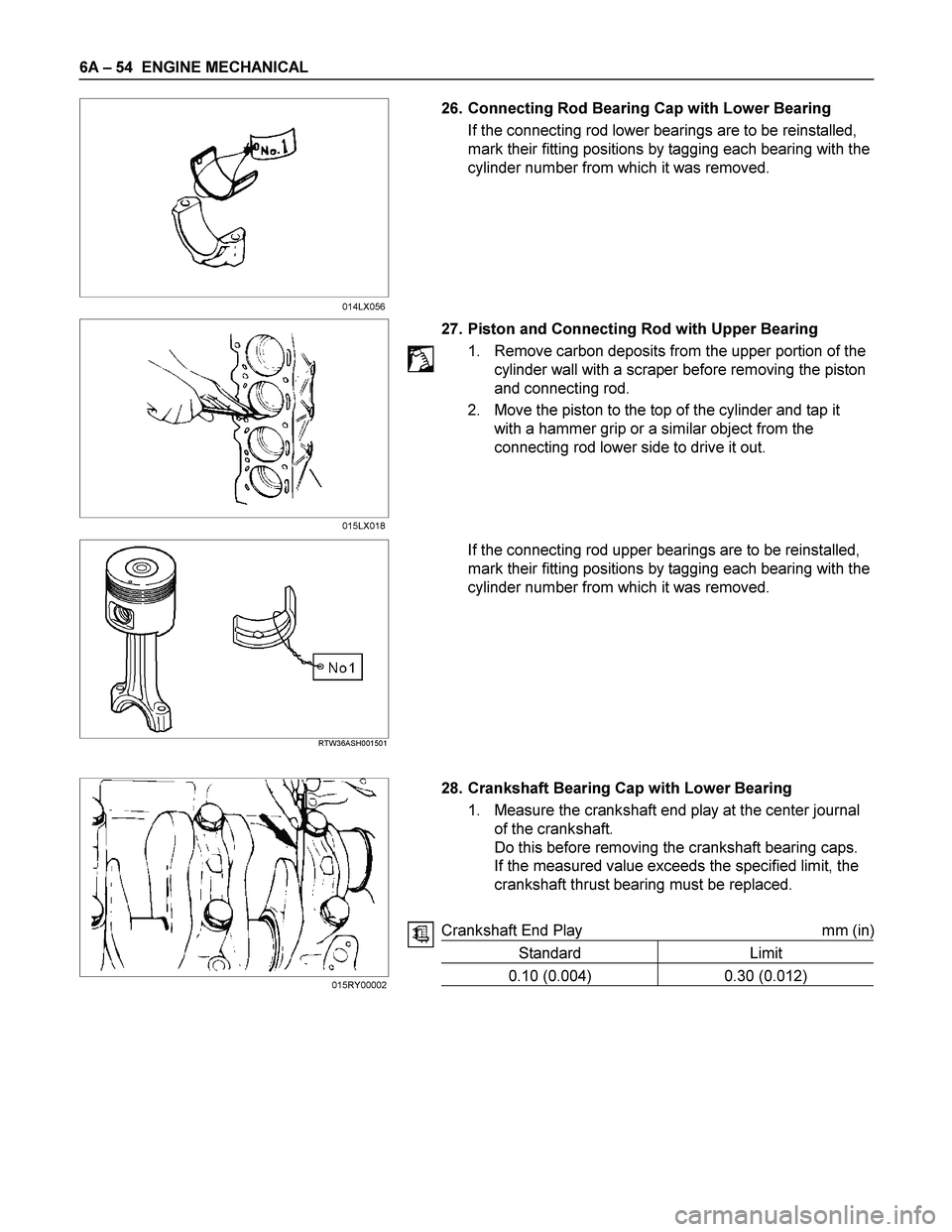ISUZU TF SERIES 2004 Workshop Manual 6A – 54 ENGINE MECHANICAL
26. Connecting Rod Bearing Cap with Lower Bearing
If the connecting rod lower bearings are to be reinstalled,
mark their fitting positions by tagging each bearing wi ISUZU TF SERIES 2004 Workshop Manual 6A – 54 ENGINE MECHANICAL
26. Connecting Rod Bearing Cap with Lower Bearing
If the connecting rod lower bearings are to be reinstalled,
mark their fitting positions by tagging each bearing wi