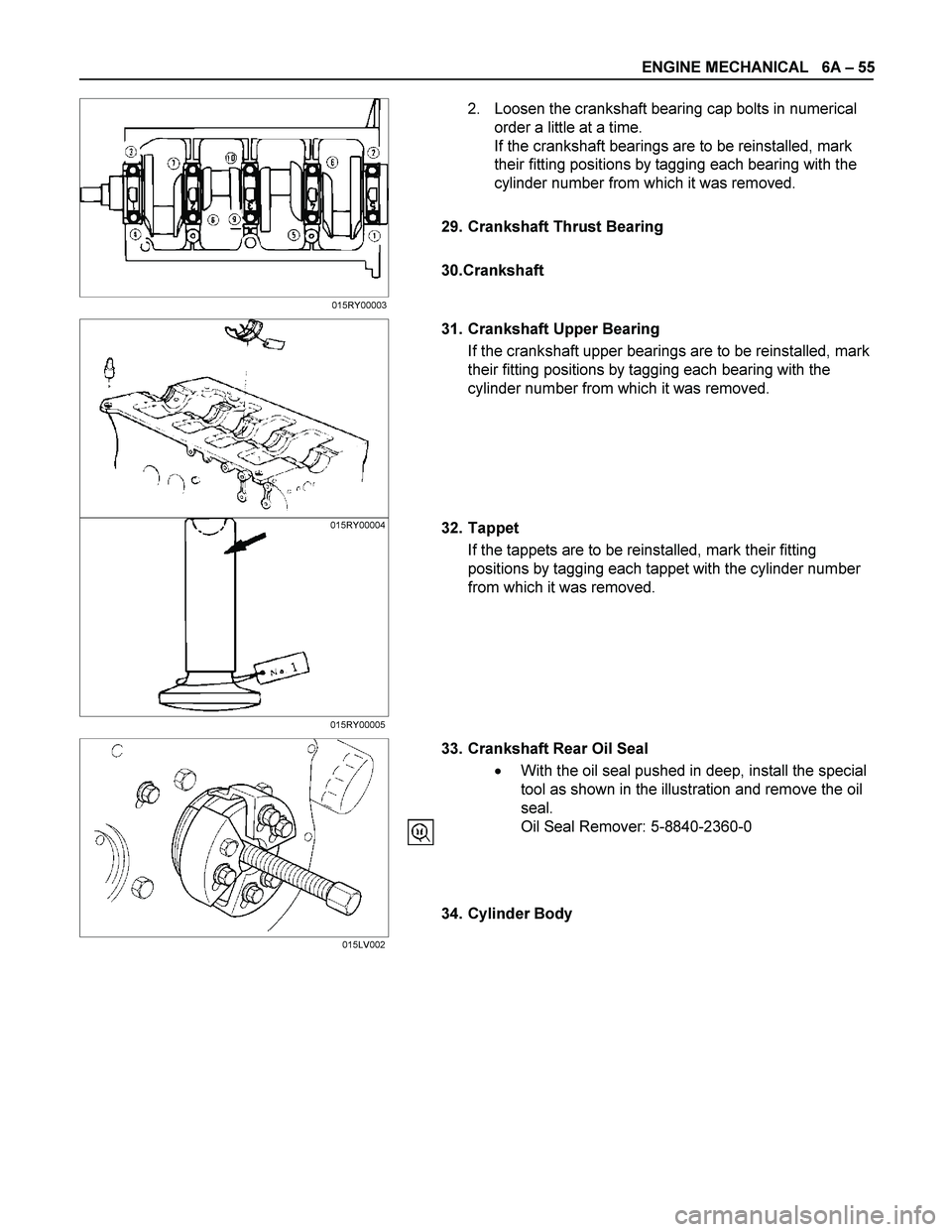ISUZU TF SERIES 2004  Workshop Manual ENGINE MECHANICAL   6A – 55 
  2.  Loosen the crankshaft bearing cap bolts in numerical 
order a little at a time. 
If the crankshaft bearings are to be reinstalled, mark 
their fitting positions by