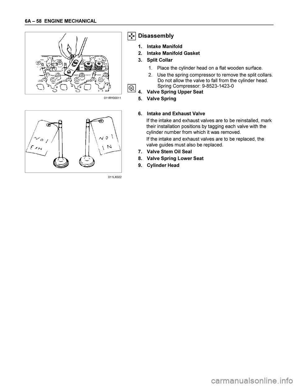 ISUZU TF SERIES 2004  Workshop Manual 6A – 58  ENGINE MECHANICAL 
  
 
 
 
 
 
 
 
 
 
 
 
 
 
 
 
 
 
 
 
 
 
Disassembly 
1. Intake Manifold 
2.  Intake Manifold Gasket 
3. Split Collar 
1.  Place the cylinder head on a flat wooden su