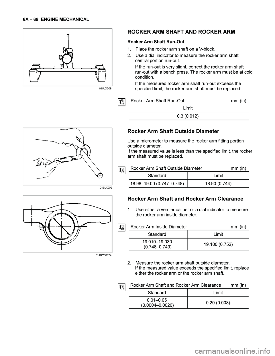 ISUZU TF SERIES 2004 Workshop Manual 6A – 68 ENGINE MECHANICAL
ROCKER ARM SHAFT AND ROCKER ARM
Rocker Arm Shaft Run-Out
1. Place the rocker arm shaft on a V-block.
2. ISUZU TF SERIES 2004 Workshop Manual 6A – 68 ENGINE MECHANICAL
ROCKER ARM SHAFT AND ROCKER ARM
Rocker Arm Shaft Run-Out
1. Place the rocker arm shaft on a V-block.
2.