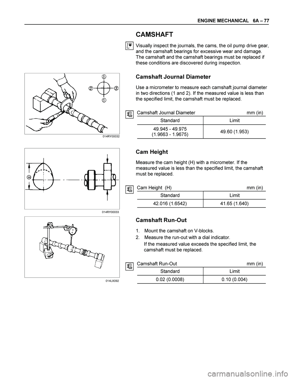 ISUZU TF SERIES 2004 Workshop Manual ENGINE MECHANICAL 6A – 77
CAMSHAFT
Visually inspect the journals, the cams, the oil pump drive gear,
and the camshaft bearings for excessive wear and damage.
The camshaft and the camsh ISUZU TF SERIES 2004 Workshop Manual ENGINE MECHANICAL 6A – 77
CAMSHAFT
Visually inspect the journals, the cams, the oil pump drive gear,
and the camshaft bearings for excessive wear and damage.
The camshaft and the camsh