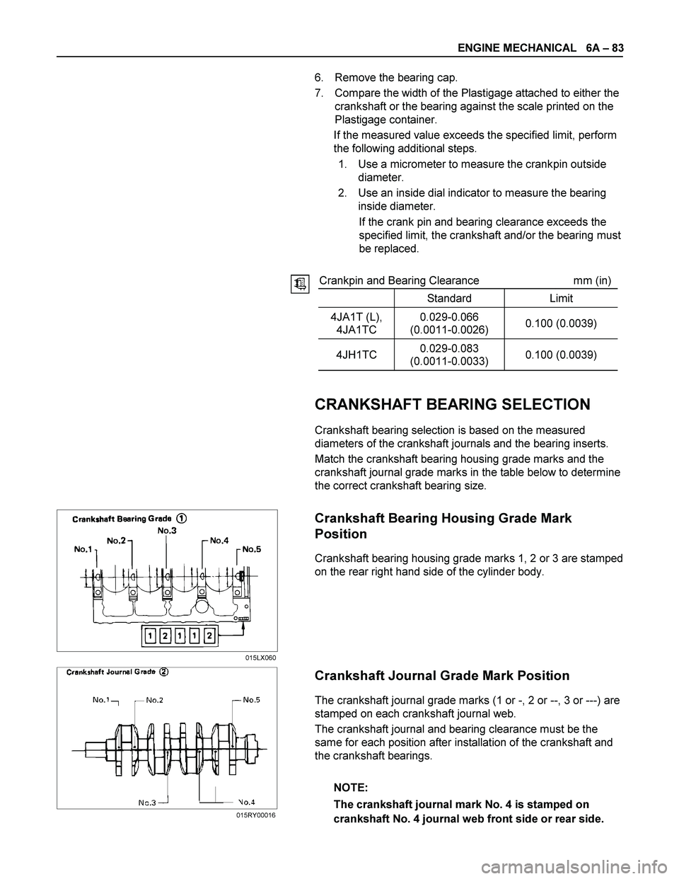 ISUZU TF SERIES 2004 Workshop Manual ENGINE MECHANICAL 6A – 83
6. Remove the bearing cap.
7. Compare the width of the Plastigage attached to either the
crankshaft o ISUZU TF SERIES 2004 Workshop Manual ENGINE MECHANICAL 6A – 83
6. Remove the bearing cap.
7. Compare the width of the Plastigage attached to either the
crankshaft o