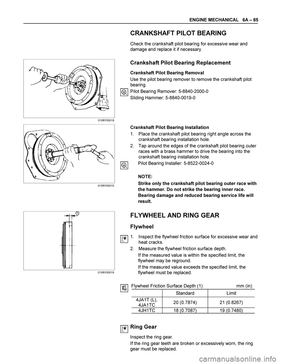 ISUZU TF SERIES 2004 Workshop Manual ENGINE MECHANICAL 6A – 85
CRANKSHAFT PILOT BEARING
Check the crankshaft pilot bearing for excessive wear and
damage and replace it if necessary.
Crankshaft Pi ISUZU TF SERIES 2004 Workshop Manual ENGINE MECHANICAL 6A – 85
CRANKSHAFT PILOT BEARING
Check the crankshaft pilot bearing for excessive wear and
damage and replace it if necessary.
Crankshaft Pi