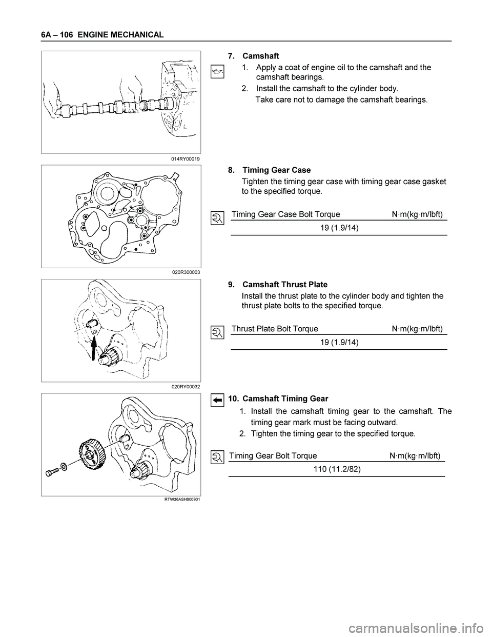 ISUZU TF SERIES 2004  Workshop Manual 6A – 106  ENGINE MECHANICAL 
   
 
 7. Camshaft 
1.  Apply a coat of engine oil to the camshaft and the 
camshaft bearings. 
2.  Install the camshaft to the cylinder body. 
Take care not to damage t