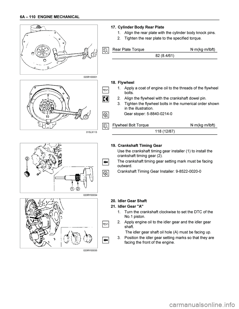 ISUZU TF SERIES 2004  Workshop Manual 6A – 110  ENGINE MECHANICAL 
  
 
 
 
 
 
 
 
 
 17.  Cylinder Body Rear Plate 
1.  Align the rear plate with the cylinder body knock pins. 
2.  Tighten the rear plate to the specified torque. 
 
 
