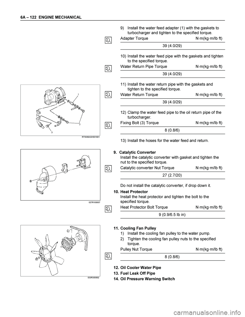 ISUZU TF SERIES 2004  Workshop Manual 6A – 122  ENGINE MECHANICAL 
 
 
 
 
 
 
 
 
 
 
 
 
 
 
 
 
 
 RTW46ASH001601  
 
 
 
 
 
 
 
 
 
 
 
 
 
 
 
 
 
 
 
 
 
 
 
 
 
 
 
 
 
 
 
9)  Install the water feed adapter (1) with the gaskets