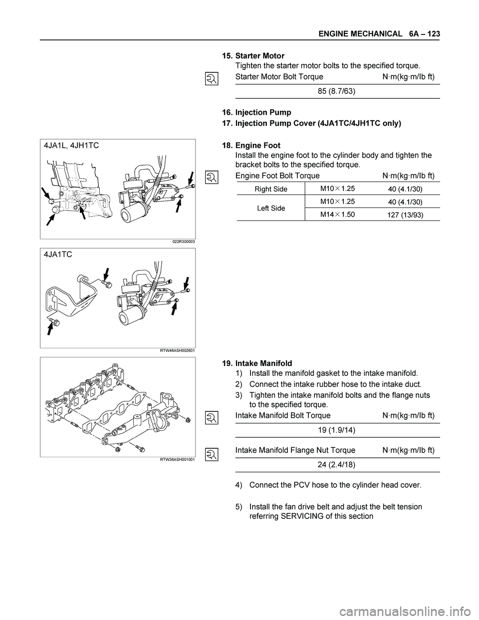 ISUZU TF SERIES 2004  Workshop Manual ENGINE MECHANICAL   6A – 123 
  
 
 
 
 15.  Starter Motor 
Tighten the starter motor bolts to the specified torque. 
Starter Motor Bolt Torque  N·m(kg·m/Ib ft)
85 (8.7/63) 
 
16.  Injection Pump 