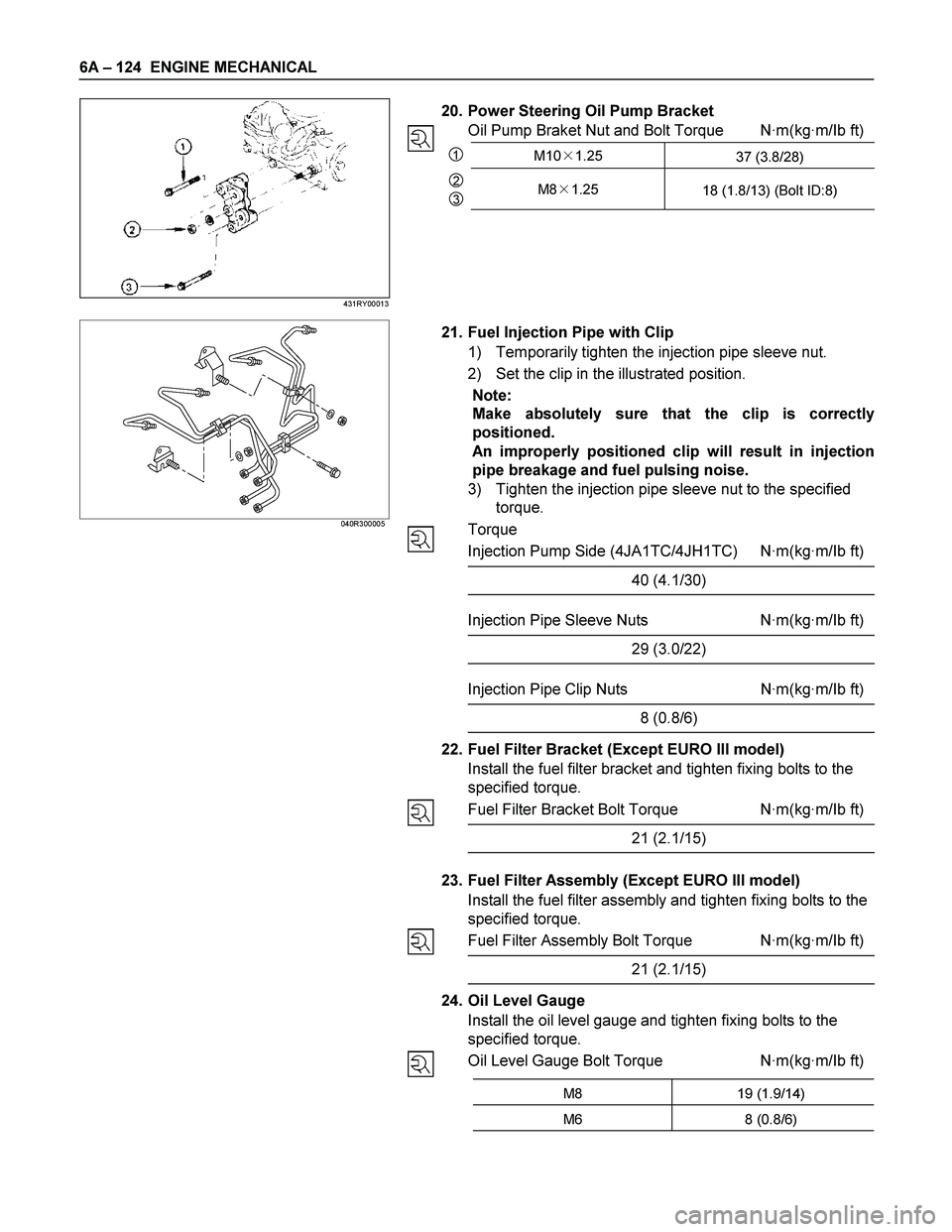 ISUZU TF SERIES 2004  Workshop Manual 6A – 124  ENGINE MECHANICAL 
20.  Power Steering Oil Pump Bracket 
Oil Pump Braket Nut and Bolt Torque  N·m(kg·m/Ib ft)
1M101.25 
37 (3.8/28) 
2 
3M81.25 
18 (1.8/13) (Bolt ID:8) 
 
 
 
 
 
   
