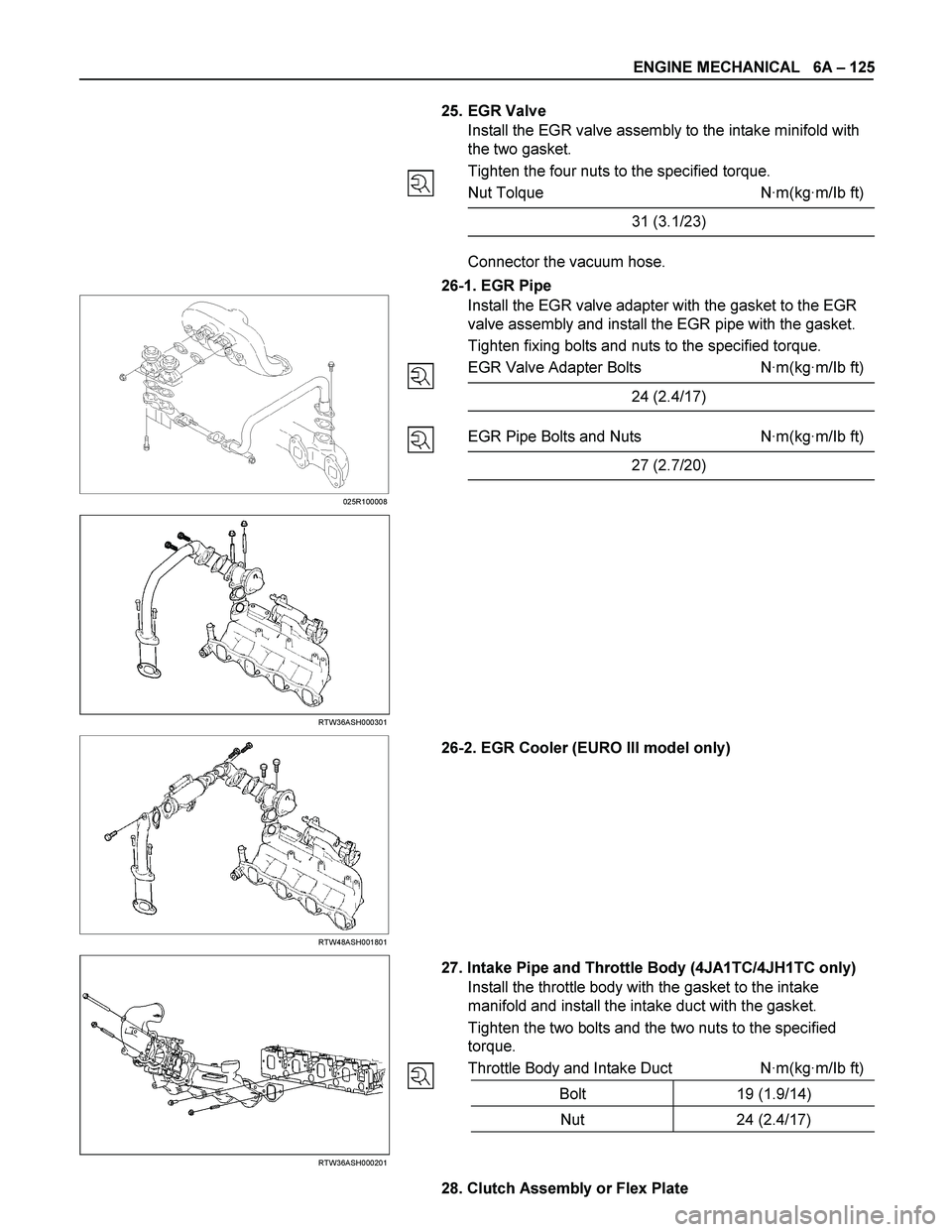 ISUZU TF SERIES 2004  Workshop Manual ENGINE MECHANICAL   6A – 125 
  
 
 
 
 
 
 
 25.  EGR Valve 
Install the EGR valve assembly to the intake minifold with 
the two gasket. 
Tighten the four nuts to the specified torque. 
Nut Tolque 
