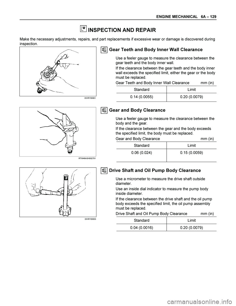 ISUZU TF SERIES 2004 Workshop Manual ENGINE MECHANICAL 6A – 129
INSPECTION AND REPAIR
Make the necessary adjustments, repairs, and part replacements if excessive wear or damage is discovered during
inspection.
Gear Teeth and B ISUZU TF SERIES 2004 Workshop Manual ENGINE MECHANICAL 6A – 129
INSPECTION AND REPAIR
Make the necessary adjustments, repairs, and part replacements if excessive wear or damage is discovered during
inspection.
Gear Teeth and B
