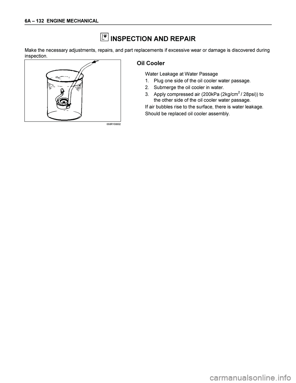 ISUZU TF SERIES 2004  Workshop Manual 6A – 132  ENGINE MECHANICAL 
 
 
 INSPECTION AND REPAIR 
Make the necessary adjustments, repairs, and part replacements if excessive wear or damage is discovered during 
inspection. 
 Oil Cooler 
Wa