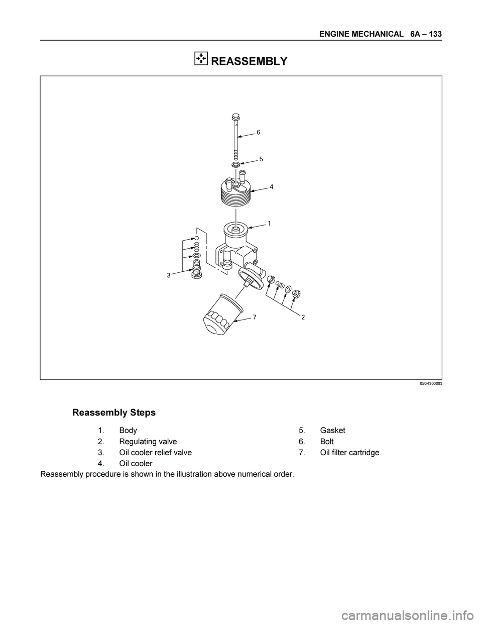 ISUZU TF SERIES 2004  Workshop Manual ENGINE MECHANICAL   6A – 133 
 
 REASSEMBLY 
 
 
 
 
 
 
 
 
 
 
 
 
 
 
 
 
 
 
 
 
 
 
 
 
 
 
 
 
 
 
 
Reassembly Steps     
   1. 
Body   5. 
Gasket 
   2. 
Regulating valve      6.  Bolt 
    