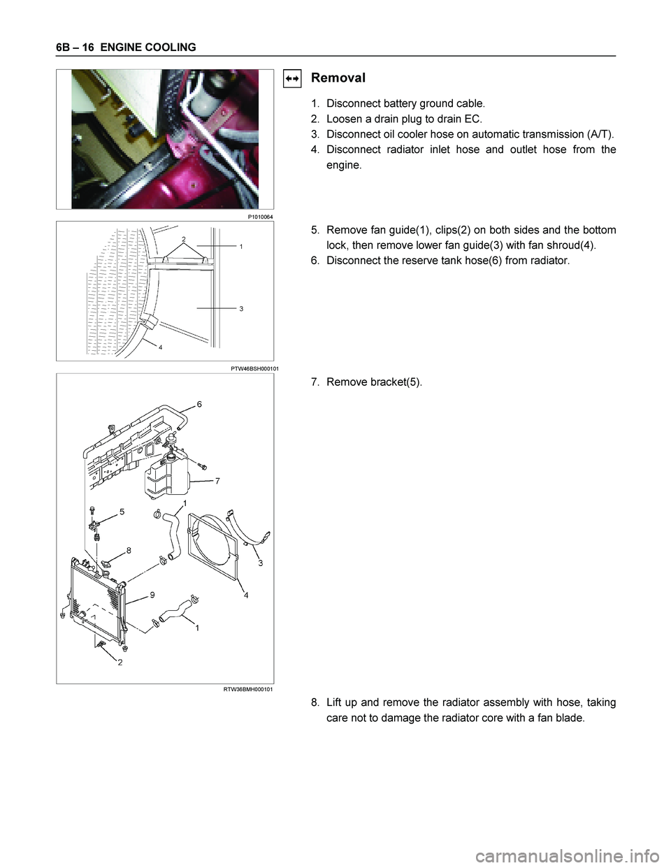 ISUZU TF SERIES 2004  Workshop Manual 6B  – 16   ENGINE COOLING 
 
P1010064 
Removal 
1.  Disconnect battery ground cable.  
2.  Loosen a drain plug to drain EC. 
3.  Disconnect oil cooler hose on automatic transmission (A/T).
4. Discon
