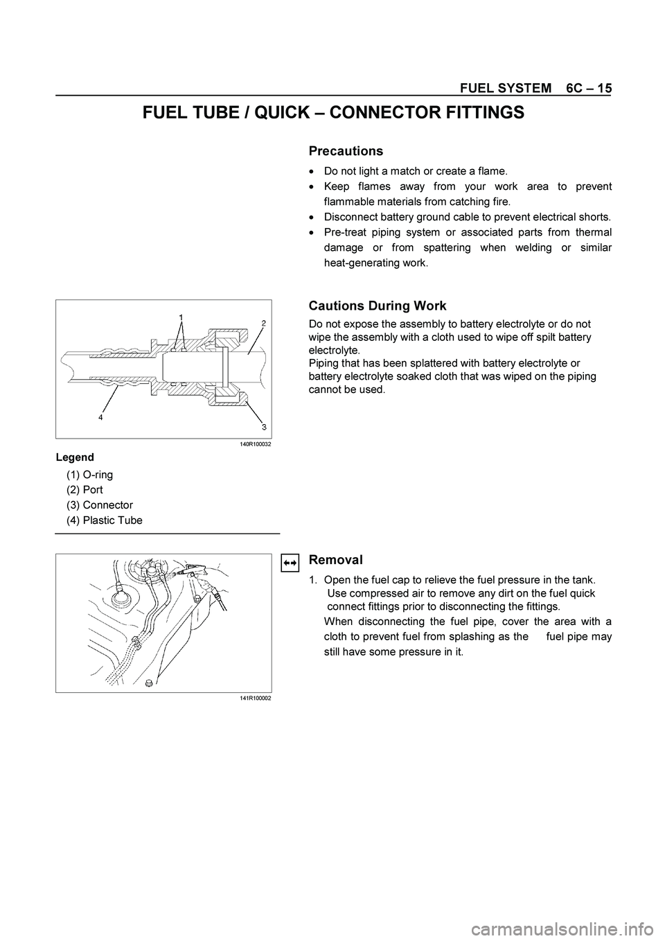 ISUZU TF SERIES 2004  Workshop Manual FUEL SYSTEM    6C – 15 
FUEL TUBE / QUICK – CONNECTOR FITTINGS 
 
 
  
Precautions 
 
Do not light a match or create a flame. 
 
Keep flames away from your work area to preven
t
flammable materi