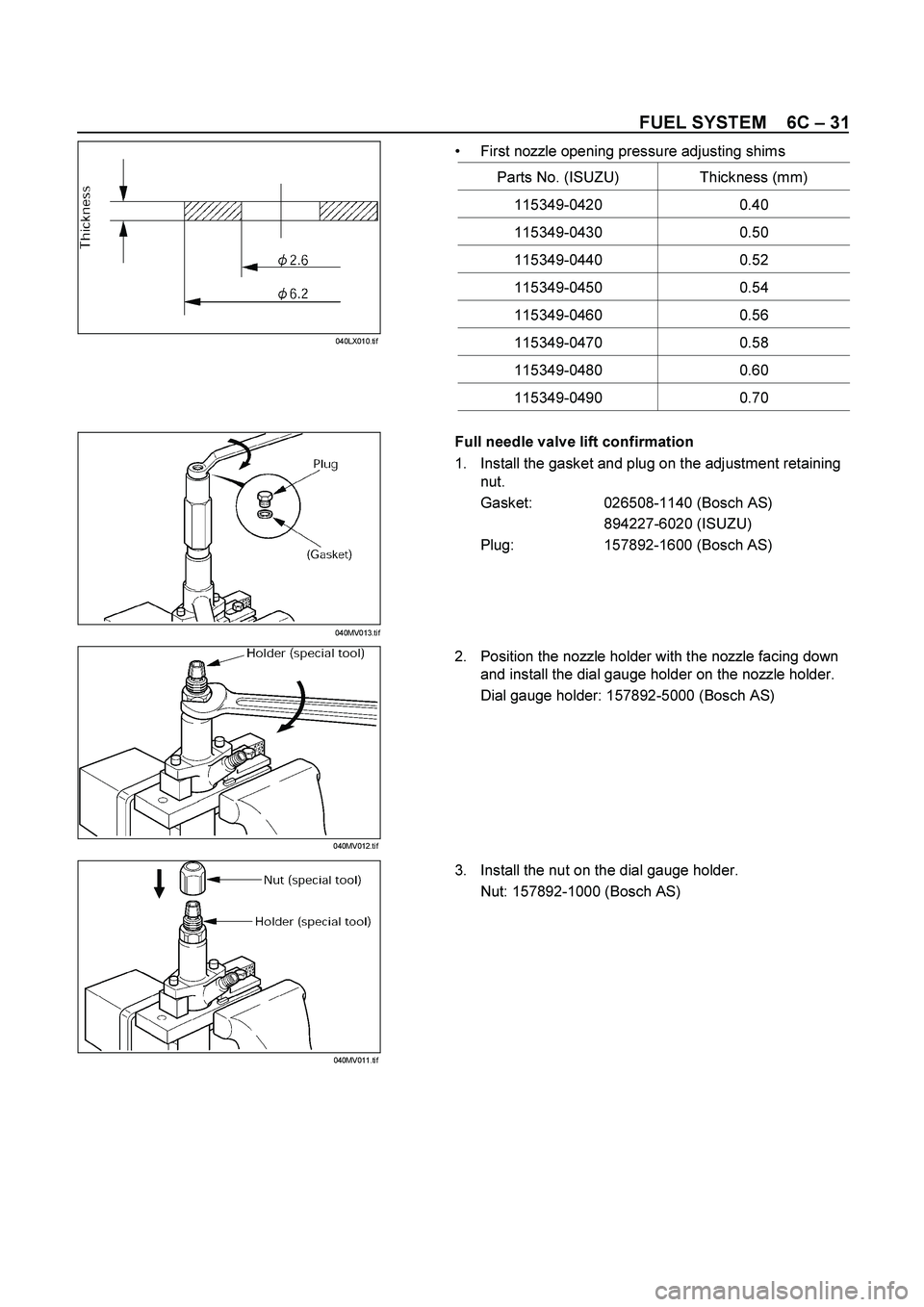 ISUZU TF SERIES 2004  Workshop Manual FUEL SYSTEM    6C – 31 
  First nozzle opening pressure adjusting shims 
Parts No. (ISUZU)  Thickness (mm) 
115349-0420 0.40 
115349-0430 0.50 
115349-0440 0.52 
115349-0450 0.54 
115349-0460 0.56 