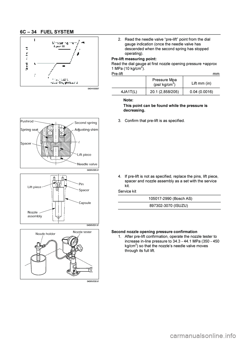 ISUZU TF SERIES 2004  Workshop Manual 6C – 34   FUEL SYSTEM 
 
 
 2.  Read the needle valve “pre-lift” point from the dial 
gauge indication (once the needle valve has 
descended when the second spring has stopped 
operating). 
Pre-