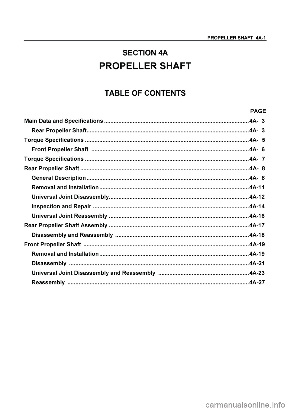ISUZU TF SERIES 2004  Workshop Manual PROPELLER SHAFT  4A-1 
SECTION 4A 
PROPELLER SHAFT 
TABLE OF CONTENTS 
 PAGE 
Main Data and Specifications ........................................................................................... 4