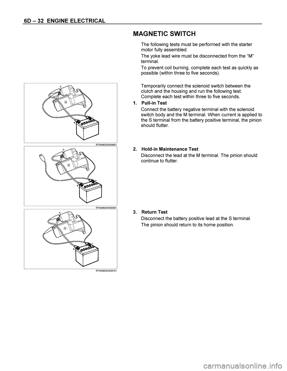 ISUZU TF SERIES 2004  Workshop Manual 6D – 32  ENGINE ELECTRICAL 
  
 
 MAGNETIC SWITCH 
The following tests must be performed with the starter 
motor fully assembled. 
The yoke lead wire must be disconnected from the “M” 
terminal.