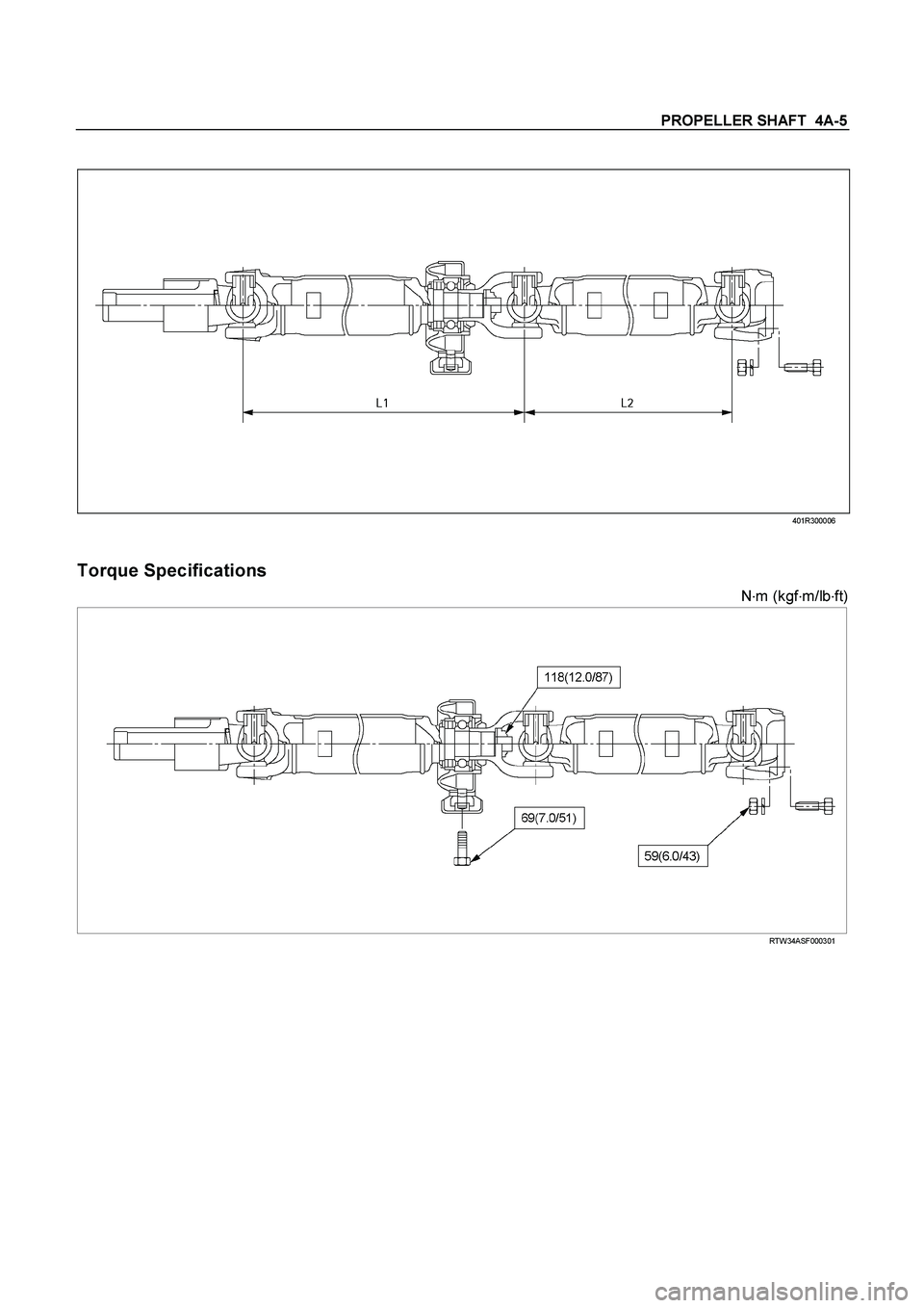 ISUZU TF SERIES 2004  Workshop Manual PROPELLER SHAFT  4A-5 
 
 401R300006 
 
 
Torque Specifications 
N
m (kgf
m/lb
ft) 
 RTW34ASF000301 
  