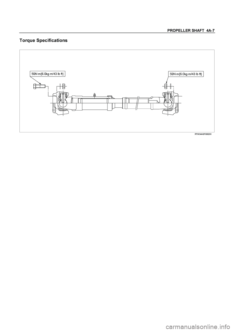 ISUZU TF SERIES 2004  Workshop Manual PROPELLER SHAFT  4A-7 
Torque Specifications 
 
 RTW34ASF000201 
  