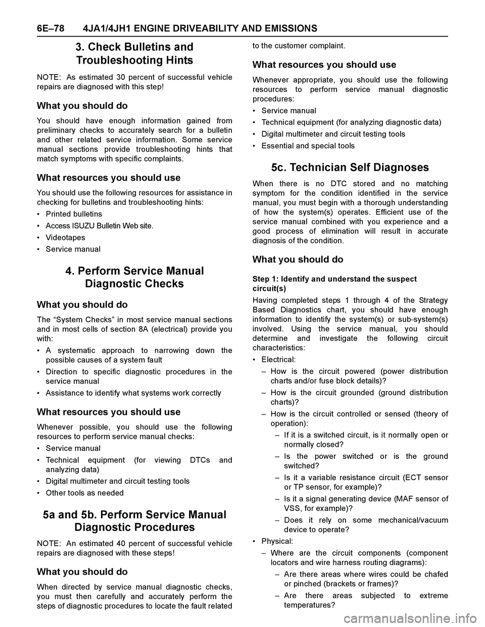 ISUZU TF SERIES 2004 Workshop Manual 6E–78 4JA1/4JH1 ENGINE DRIVEABILITY AND EMISSIONS
3. Check Bulletins and
Troubleshooting Hints
NOTE: As estimated 30 percent of successful vehicle
repairs are diagnosed with this step!
What you sh ISUZU TF SERIES 2004 Workshop Manual 6E–78 4JA1/4JH1 ENGINE DRIVEABILITY AND EMISSIONS
3. Check Bulletins and
Troubleshooting Hints
NOTE: As estimated 30 percent of successful vehicle
repairs are diagnosed with this step!
What you sh